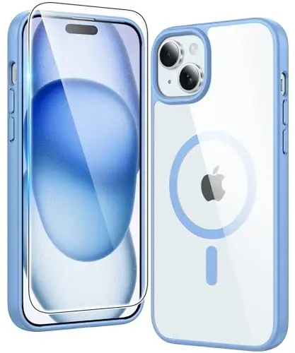 FNTCASE iPhone 15 uchun g‘ilof shaffof: iPhone 14/13 uchun magnitli telefon g‘ilofi, ekran himoyachisi bilan, Magsafe bilan mos keladi, yupqa, sarg‘aymaydigan, mustahkam himoyalovchi shaffof g‘ilof (B-Sierra Blue) 