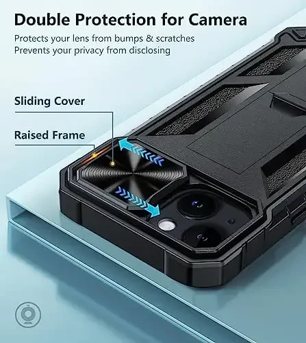 FNTCASE iPhone 15 uchun himoya telefon qutisi: iPhone 16e uchun harbiy standartdagi zarbaga chidamli telefon qopqog'i, tirgak va slayd bilan | Og'ir yuk ko'taruvchi mustahkam telefon qutisi Bamperli teksturali (qora) - 3