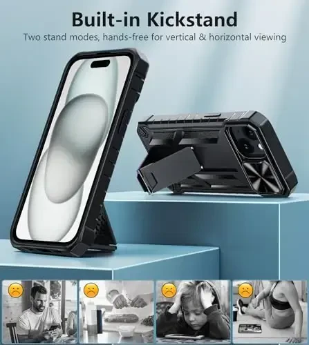 FNTCASE iPhone 15 uchun himoya telefon qutisi: iPhone 16e uchun harbiy standartdagi zarbaga chidamli telefon qopqog'i, tirgak va slayd bilan | Og'ir yuk ko'taruvchi mustahkam telefon qutisi Bamperli teksturali (qora) - 5