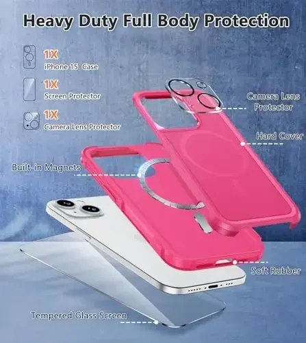 FNTCASE iPhone 15 uchun magnitli g‘ilof: Magnitli ikki qatlamli harbiy darajadagi zarbga chidamli himoya mobil telefon qopqog‘i - Qo‘pol bardoshli og‘ir yuk ko‘taruvchi himoya bamperi To‘q pushti - 5