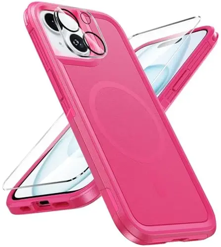 FNTCASE iPhone 15 uchun magnitli g‘ilof: Magnitli ikki qatlamli harbiy darajadagi zarbga chidamli himoya mobil telefon qopqog‘i - Qo‘pol bardoshli og‘ir yuk ko‘taruvchi himoya bamperi To‘q pushti 