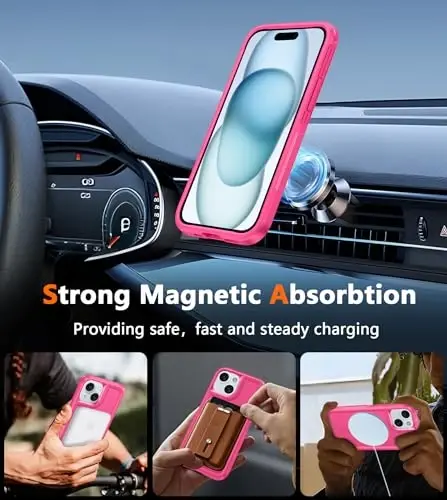 FNTCASE iPhone 15 uchun magnitli g‘ilof: Magnitli ikki qatlamli harbiy darajadagi zarbga chidamli himoya mobil telefon qopqog‘i - Qo‘pol bardoshli og‘ir yuk ko‘taruvchi himoya bamperi To‘q pushti - 3