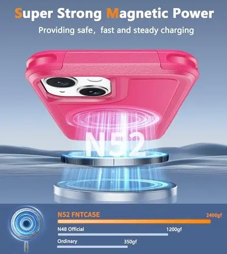 FNTCASE iPhone 15 uchun magnitli g‘ilof: Magnitli ikki qatlamli harbiy darajadagi zarbga chidamli himoya mobil telefon qopqog‘i - Qo‘pol bardoshli og‘ir yuk ko‘taruvchi himoya bamperi To‘q pushti - 4