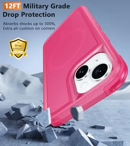FNTCASE iPhone 15 uchun magnitli g‘ilof: Magnitli ikki qatlamli harbiy darajadagi zarbga chidamli himoya mobil telefon qopqog‘i - Qo‘pol bardoshli og‘ir yuk ko‘taruvchi himoya bamperi To‘q pushti - 6