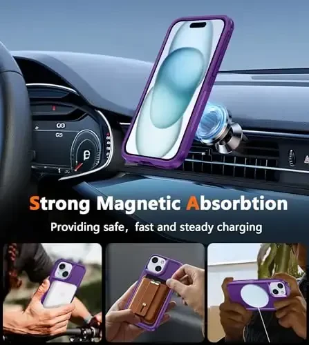 FNTCASE iPhone 15 uchun magnitli gʻilof: Magnitli ikki qavatli harbiy darajadagi zarbga chidamli himoya mobil telefon qopqogʻi - mustahkam bardoshli ogʻir himoya bamperi kuchli binafsha - 3