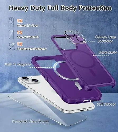 FNTCASE iPhone 15 uchun magnitli gʻilof: Magnitli ikki qavatli harbiy darajadagi zarbga chidamli himoya mobil telefon qopqogʻi - mustahkam bardoshli ogʻir himoya bamperi kuchli binafsha - 5