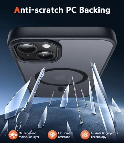 FNTCASE iPhone 15 uchun mat g'ilof: iPhone 14/13 magnitli telefon g'iloflari, ekran himoyachisi bilan, Magsafe bilan mos, yupqa, sarg'aymaydigan, mustahkam, shaffof himoya g'ilofi (C-Qora) - 5