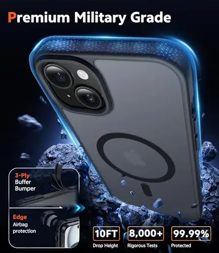 FNTCASE iPhone 15 uchun mat g'ilof: iPhone 14/13 magnitli telefon g'iloflari, ekran himoyachisi bilan, Magsafe bilan mos, yupqa, sarg'aymaydigan, mustahkam, shaffof himoya g'ilofi (C-Qora) - 6