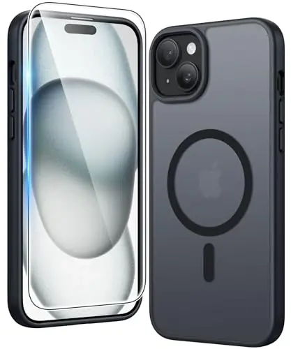 FNTCASE iPhone 15 uchun mat g'ilof: iPhone 14/13 magnitli telefon g'iloflari, ekran himoyachisi bilan, Magsafe bilan mos, yupqa, sarg'aymaydigan, mustahkam, shaffof himoya g'ilofi (C-Qora) 