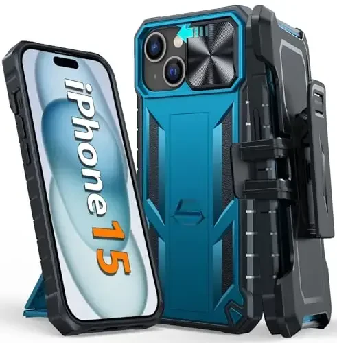 FNTCASE iPhone 15 uchun telefon g'ilofi: iPhone 16e harbiy darajadagi tushishga chidamli mobil telefon qopqog'i, tayanch va slayder bilan | Og'ir yuk ko'taruvchi zarbaga chidamli telefon g'ilofi kamar qisqichi bilan (ko'k) - 1