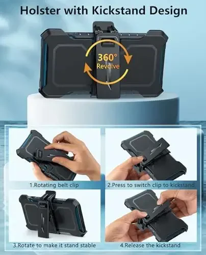 FNTCASE iPhone 15 uchun telefon g'ilofi: iPhone 16e harbiy darajadagi tushishga chidamli mobil telefon qopqog'i, tayanch va slayder bilan | Og'ir yuk ko'taruvchi zarbaga chidamli telefon g'ilofi kamar qisqichi bilan (ko'k) - 4