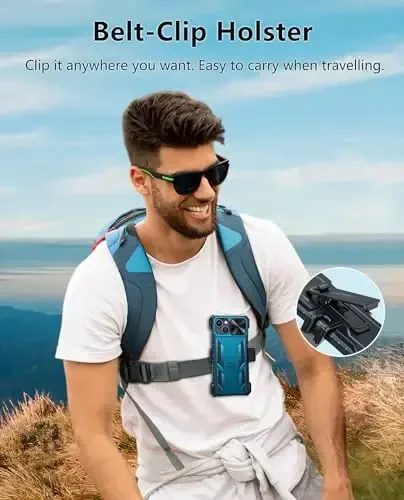 FNTCASE iPhone 15 uchun telefon g'ilofi: iPhone 16e harbiy darajadagi tushishga chidamli mobil telefon qopqog'i, tayanch va slayder bilan | Og'ir yuk ko'taruvchi zarbaga chidamli telefon g'ilofi kamar qisqichi bilan (ko'k) - 5