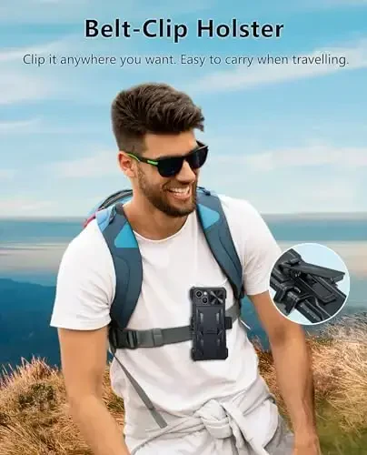 FNTCASE iPhone 15 uchun telefon g‘ilofi: iPhone 16e/iPhone 14 harbiy darajadagi tushishga chidamli mobil telefon qopqog‘i, tirgak va slayder bilan | Og‘ir yuk ko‘taruvchi zarbga chidamli telefon g‘ilofi kamar qisqichi bilan (qora) - 5