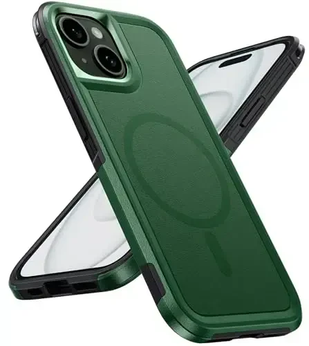 FNTCASE iPhone 15 учун магнит футляр: Магнит икки қаватли ҳарбий сифатли қулаб тушиш зарбасидан сақловчи соя бўлгич қоғири - Мустаҳкам чидамли оғир вазнли ҳимоя қилувчи буфер Тош яшил 