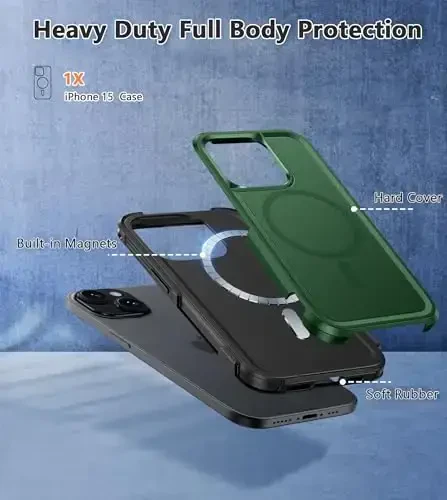 FNTCASE iPhone 15 учун магнит футляр: Магнит икки қаватли ҳарбий сифатли қулаб тушиш зарбасидан сақловчи соя бўлгич қоғири - Мустаҳкам чидамли оғир вазнли ҳимоя қилувчи буфер Тош яшил - 2
