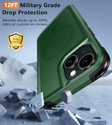 FNTCASE iPhone 15 учун магнит футляр: Магнит икки қаватли ҳарбий сифатли қулаб тушиш зарбасидан сақловчи соя бўлгич қоғири - Мустаҳкам чидамли оғир вазнли ҳимоя қилувчи буфер Тош яшил - 6