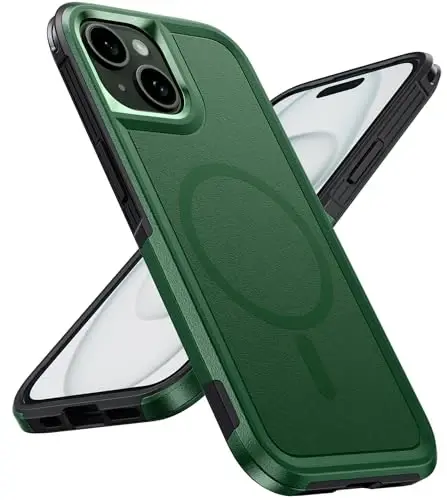FNTCASE iPhone 15 учун магнит футляр: Магнит икки қаватли ҳарбий сифатли қулаб тушиш зарбасидан сақловчи соя бўлгич қоғири - Мустаҳкам чидамли оғир вазнли ҳимоя қилувчи буфер Тош яшил - 1