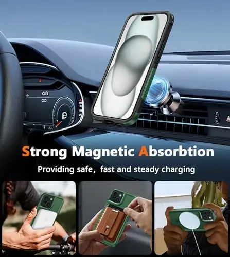 FNTCASE iPhone 15 учун магнит футляр: Магнит икки қаватли ҳарбий сифатли қулаб тушиш зарбасидан сақловчи соя бўлгич қоғири - Мустаҳкам чидамли оғир вазнли ҳимоя қилувчи буфер Тош яшил - 4