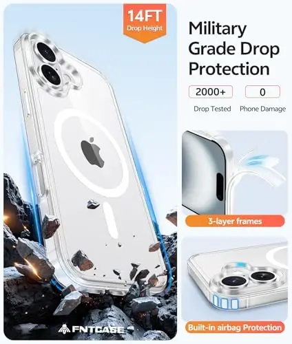 FNTCASE iPhone 16 G‘ilof uchun: [Magsafe bilan mos keladi] [Ekran himoyasi] Sariqlikka qarshi shaffof magnit telefon g‘ilofi - Harbiy darajadagi zarbaga chidamli, tushib ketishdan saqlaydigan himoya g‘iloflari - Shaffof - 5