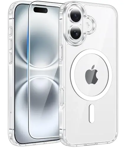 FNTCASE for iPhone 16 Case Clear,Fit for Magsafe, Screen Protector | Anti Yellowing Magnetic Back, 14FT Military Grade Drop Protection, Shockproof Protective Phone Cover, Transparent 