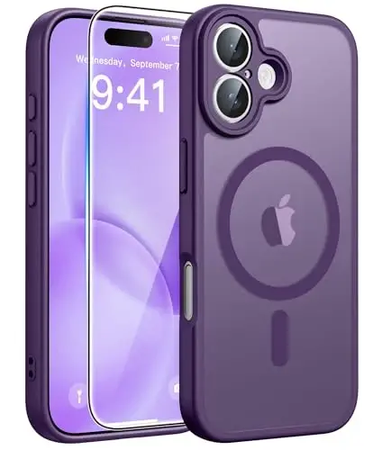 FNTCASE for iPhone 16 Case, Fit for Magsafe, Screen Protector, Purple | Full Camera Protection, Translucent Matte, 14FT Military Grade Drop Proof, Shockproof Protective Phone Cover - FNTCASE