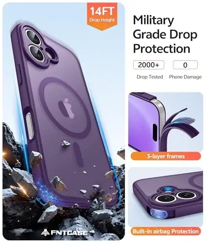 FNTCASE for iPhone 16 Case, Fit for Magsafe, Screen Protector, Purple | Full Camera Protection, Translucent Matte, 14FT Military Grade Drop Proof, Shockproof Protective Phone Cover - 5