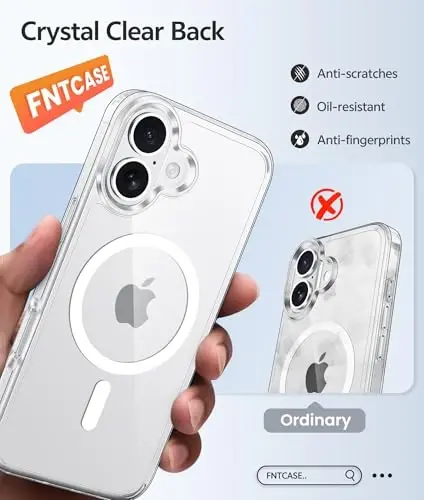 FNTCASE for iPhone 16 Plus Case Clear, Fit for Magsafe, Screen Protector | Anti Yellowing Magnetic Back, 14FT Military Grade Drop Protection, Shockproof Protective Phone Cover, Transparent 