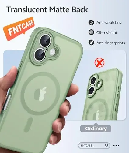 FNTCASE for iPhone 16 Plus Case, Fit for Magsafe, Screen Protector | Full Camera Protection, Translucent Matte, 14FT Military Grade Drop Proof, Shockproof Protective Phone Cover，Light Moss 
