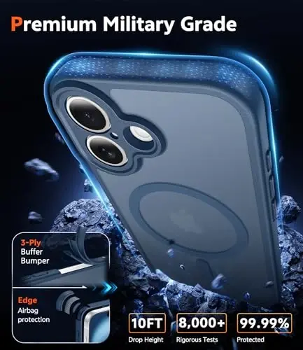 FNTCASE iPhone 16 Plus uchun g'ilof: Magnitli matli teksturali harbiy standartdagi tushishdan himoya qiluvchi yarim shaffof mobil telefon qopqog'i - Ingichka, mustahkam, zarbga chidamli himoya tamponli telefon g'ilofi (C-ko'k) - 6