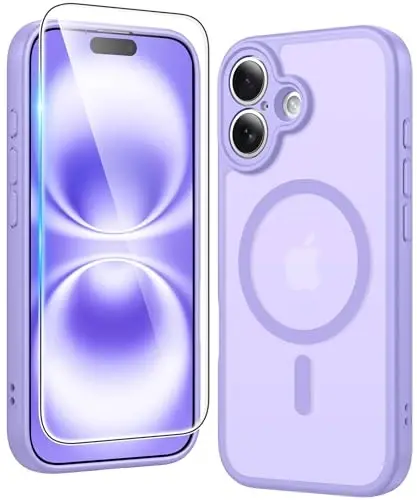 FNTCASE iPhone 16 Plus uchun g'ilof: Magsafe bilan mos keladigan mat magnit telefon g'iloflari, ekran himoyachisi, ingichka sarg'ayishga qarshi, zarbga chidamli himoya yarim shaffof telefon qopqog'i (C-binafsha) 