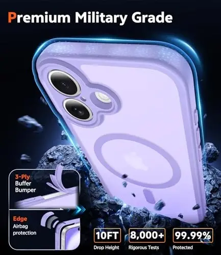 FNTCASE iPhone 16 Plus uchun g'ilof: Magsafe bilan mos keladigan mat magnit telefon g'iloflari, ekran himoyachisi, ingichka sarg'ayishga qarshi, zarbga chidamli himoya yarim shaffof telefon qopqog'i (C-binafsha) - 6