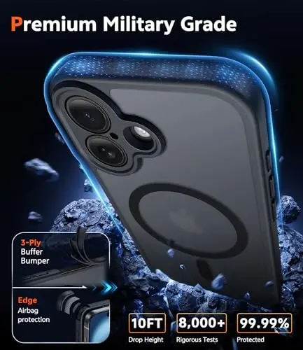 FNTCASE iPhone 16 Plus uchun g'ilof: Magsafe bilan mos keladigan mat magnitli telefon g'iloflari, ekran himoyachisi bilan birga, ingichka, sarg'ayishga qarshi, zarbga chidamli, himoya qiluvchi yarim shaffof telefon qopqog'i (C-qora) - 6