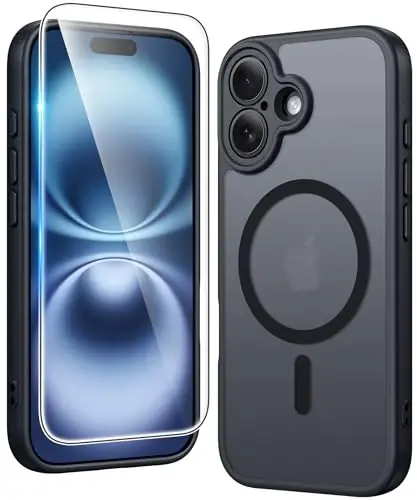 FNTCASE iPhone 16 Plus uchun g'ilof: Magsafe bilan mos keladigan mat magnitli telefon g'iloflari, ekran himoyachisi bilan birga, ingichka, sarg'ayishga qarshi, zarbga chidamli, himoya qiluvchi yarim shaffof telefon qopqog'i (C-qora) 