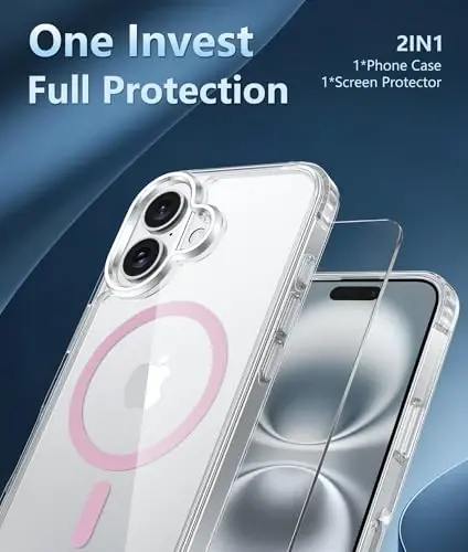 FNTCASE iPhone 16 Plus uchun g‘ilof: MagSafe bilan mos keladigan sarg‘ayishga qarshi shaffof g‘ilof - Harbiy darajadagi zarbaga chidamli shaffof himoya g‘iloflari (D-pushti) - 3