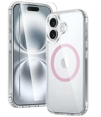 FNTCASE iPhone 16 Plus uchun g‘ilof: MagSafe bilan mos keladigan sarg‘ayishga qarshi shaffof g‘ilof - Harbiy darajadagi zarbaga chidamli shaffof himoya g‘iloflari (D-pushti) 