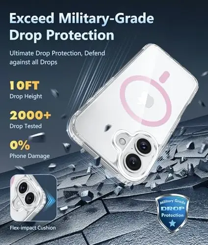 FNTCASE iPhone 16 Plus uchun g‘ilof: MagSafe bilan mos keladigan sarg‘ayishga qarshi shaffof g‘ilof - Harbiy darajadagi zarbaga chidamli shaffof himoya g‘iloflari (D-pushti) - 5