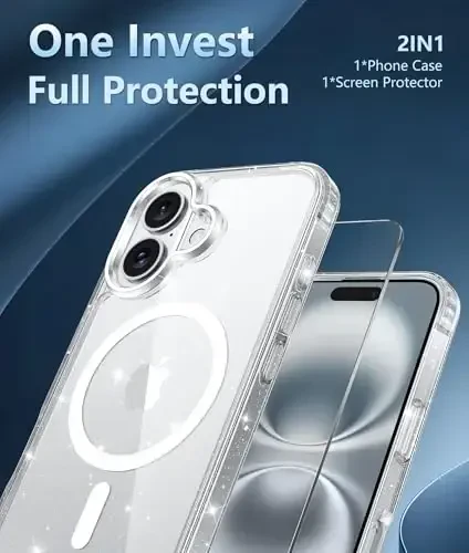 FNTCASE iPhone 16 Plus uchun gʻilof: Magsafe bilan mos keladigan tiniq magnitli telefon gʻiloflari, ingichka, sargʻayishga qarshi, harbiy darajadagi zarbaga chidamli himoya shaffof telefon qopqogʻi (D-Glitter magnitli) - 6