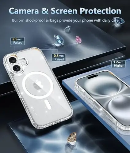FNTCASE iPhone 16 Plus uchun gʻilof: Magsafe bilan mos keladigan tiniq magnitli telefon gʻiloflari, ingichka, sargʻayishga qarshi, harbiy darajadagi zarbaga chidamli himoya shaffof telefon qopqogʻi (D-Glitter magnitli) - 3