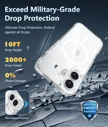 FNTCASE iPhone 16 Plus uchun gʻilof: Magsafe bilan mos keladigan tiniq magnitli telefon gʻiloflari, ingichka, sargʻayishga qarshi, harbiy darajadagi zarbaga chidamli himoya shaffof telefon qopqogʻi (D-Glitter magnitli) - 5