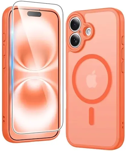 FNTCASE iPhone 16 Plus uchun g‘ilof: Magsafe bilan mos keluvchi ekran himoyachisi bilan mat magnitli telefon g‘iloflari, yupqa, sarg‘ayishga qarshi, zarbaga chidamli, yarim shaffof himoya g‘ilofi (C-Orange) - 1