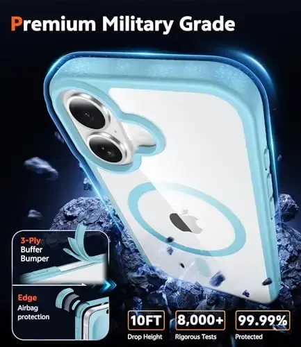 FNTCASE iPhone 16 Plus uchun g'ilof: Magsafe bilan mos keluvchi shaffof magnitli telefon g'iloflari, ingichka, sarg'ayishga qarshi, harbiy standartga javob beradigan zarbadan himoya, mustahkam himoya shaffof g'ilof (D-Teal Magnetic) - 6