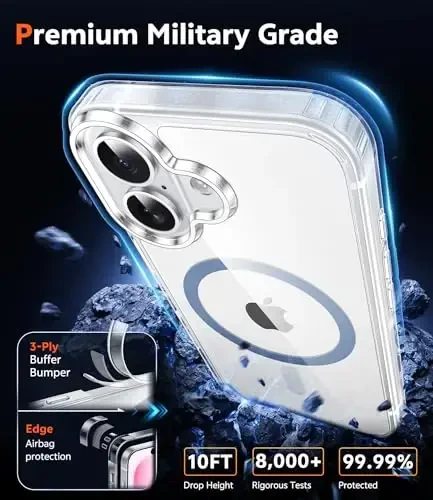 FNTCASE iPhone 16 Plus uchun g'ilof: Shaffof g'ilof Magnit harbiy darajadagi tushishdan himoya Sariqlikka qarshi mobil telefon qopqog'i - Qo'pol zarbga chidamli himoya bamperi Shaffof g'iloflar (D-ko'k magnit) - 6