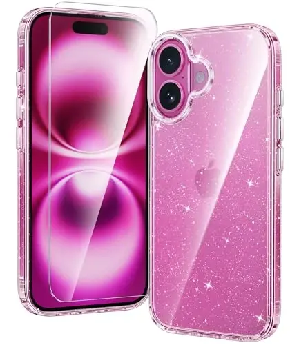 FNTCASE iPhone 16 Plus uchun g‘ilof: Shaffof harbiy darajadagi tushishdan himoya, sarg‘ayishga qarshi telefon qopqog‘i - zarbga chidamli himoya bamperli shaffof yaltiroq g‘iloflar (D-Glitter) 
