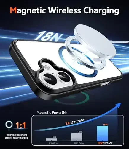 FNTCASE iPhone 16 Plus uchun g‘ilof: Shaffof magnitli harbiy standartga javob beruvchi tushishdan himoya, sarg‘ayishga qarshi mobil telefon qopqog‘i - zarbaga chidamli himoya bamperi shaffof g‘iloflar (B-qora) - 10