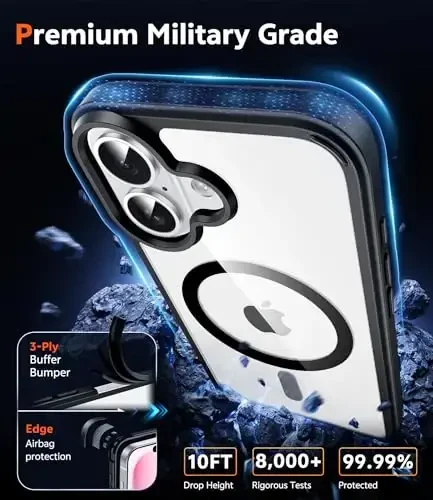 FNTCASE iPhone 16 Plus uchun g‘ilof: Shaffof magnitli harbiy standartga javob beruvchi tushishdan himoya, sarg‘ayishga qarshi mobil telefon qopqog‘i - zarbaga chidamli himoya bamperi shaffof g‘iloflar (B-qora) - 6