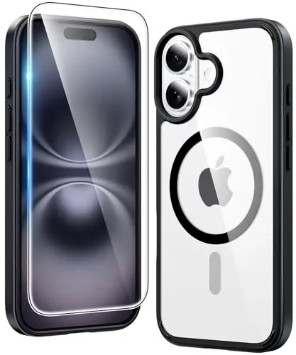 FNTCASE iPhone 16 Plus uchun g‘ilof: Shaffof magnitli harbiy standartga javob beruvchi tushishdan himoya, sarg‘ayishga qarshi mobil telefon qopqog‘i - zarbaga chidamli himoya bamperi shaffof g‘iloflar (B-qora) 