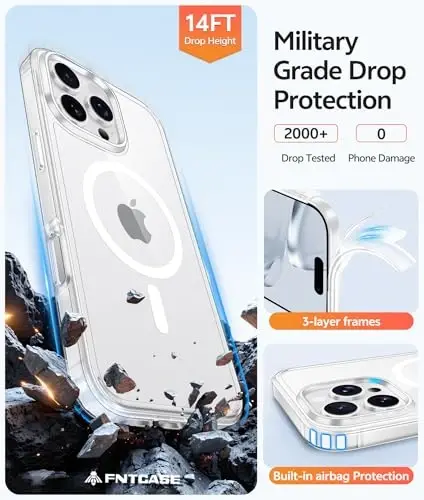FNTCASE for iPhone 16 Pro Case, Fit for Magsafe, with Screen Protector | Anti Yellowing Magnetic Back, 14FT Military Grade Drop Protection, Shockproof Protective Phone Cover, Transparent - 5