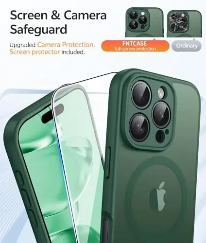 FNTCASE for iPhone 16 Pro Case, Fit for Magsafe, with Screen Protector | Full Camera Protection, Translucent Matte, 14FT Military Grade Drop Proof, Shockproof Protective Phone Cover, Green - 4