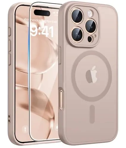 FNTCASE for iPhone 16 Pro Case, Fit for Magsafe, with Screen Protector | Full Camera Protection, Translucent Matte, 14FT Military Grade Drop Proof, Shockproof Protective Phone Cover, Desert Gold 
