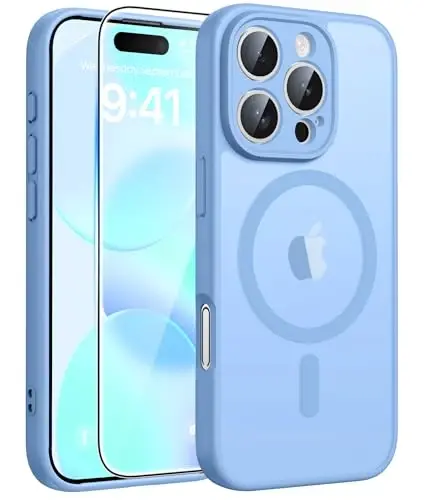 FNTCASE for iPhone 16 Pro Max Case, Fit for Magsafe, Glass Screen Protector | Full Camera Protection, Translucent Matte, 14FT Military Grade Drop Proof, Shockproof Protective Phone Cover, Light Blue 